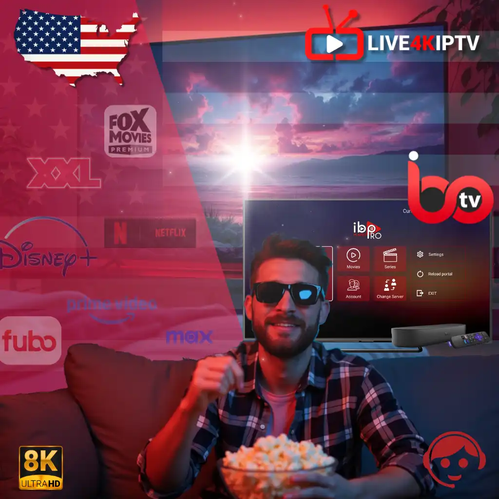 Man enjoying popcorn in front of a TV using IBO Pro with 4K Live IPTV channels from the U.S.