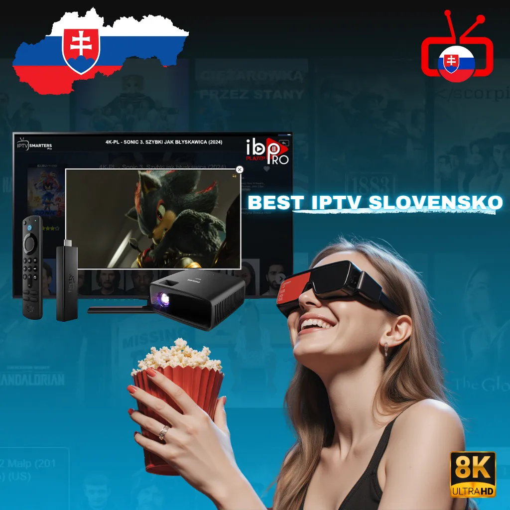 Usmiata žena s 3D okuliarmi a popcornom sleduje IPTV Smarters Pro so slovenským obsahom – najlepšie IPTV Slovensko v 8K kvalite.